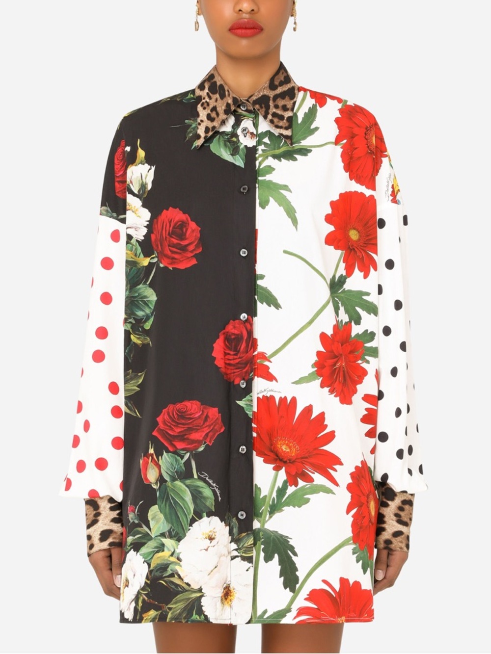 Dolce & Gabbana Black & White Floral and Polka Dot Mini Shirt Dress
